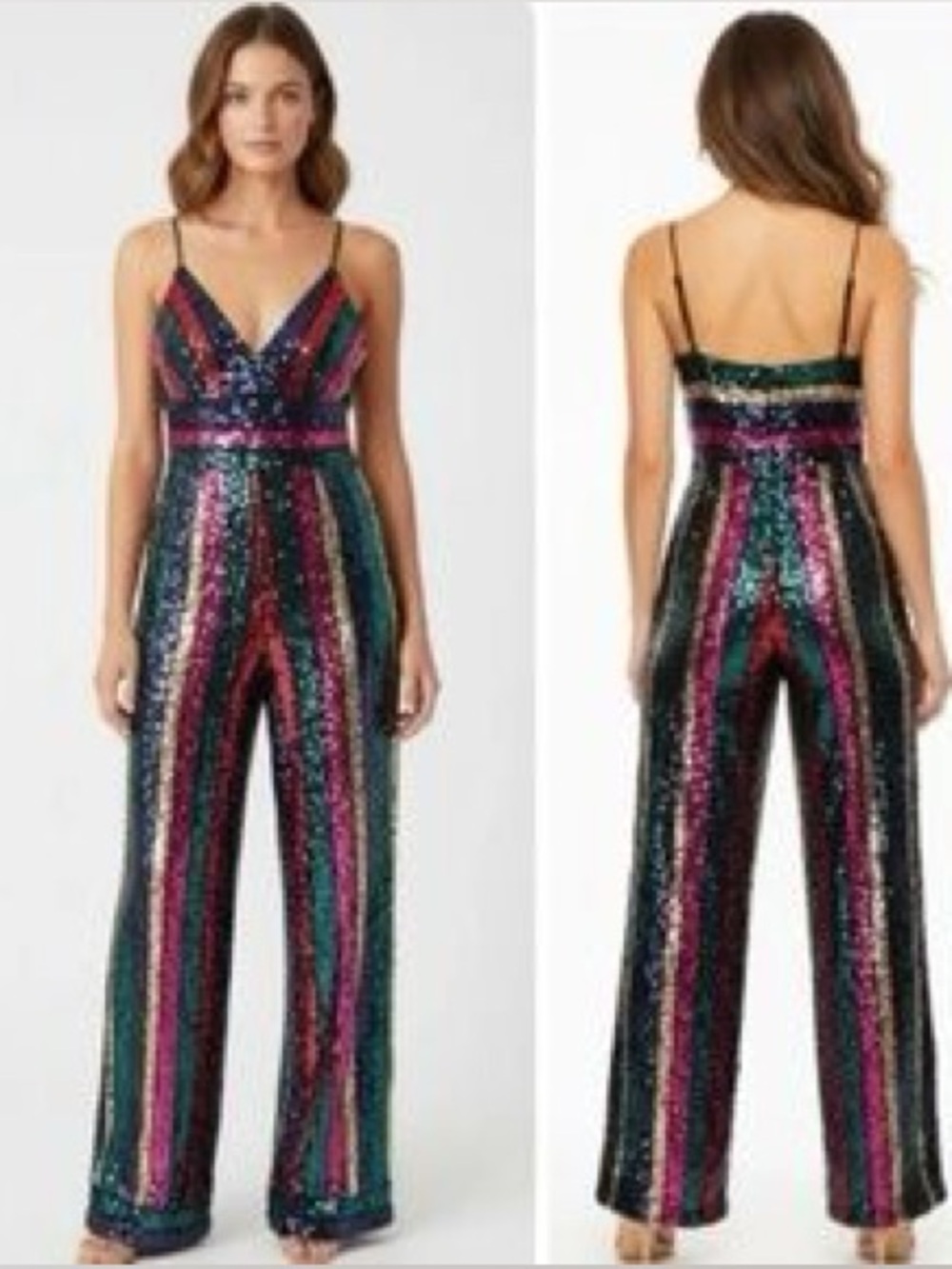 NWT Express Multicolor Striped Sequin Jumpsuit RARE Statement Party Wide-Leg Med